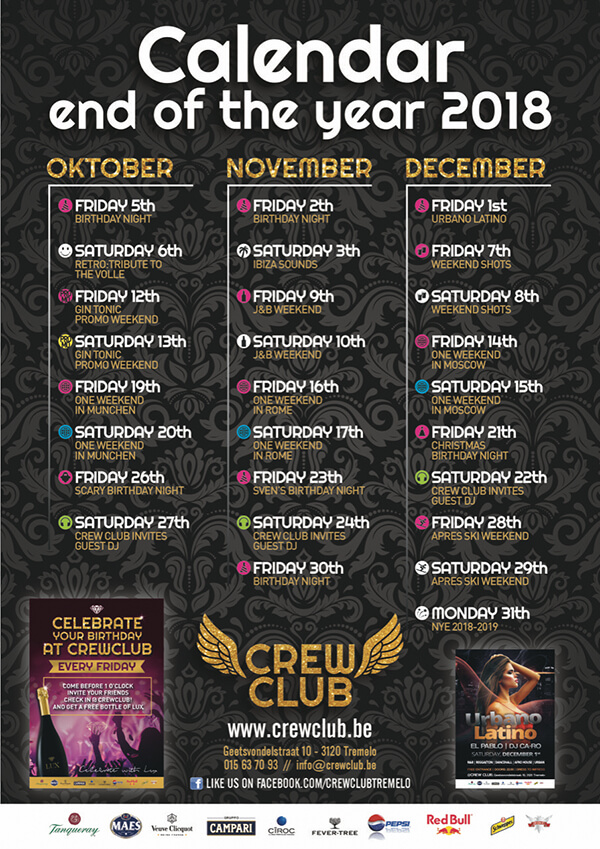 Crew Club End Of The Year Event Calender 2018